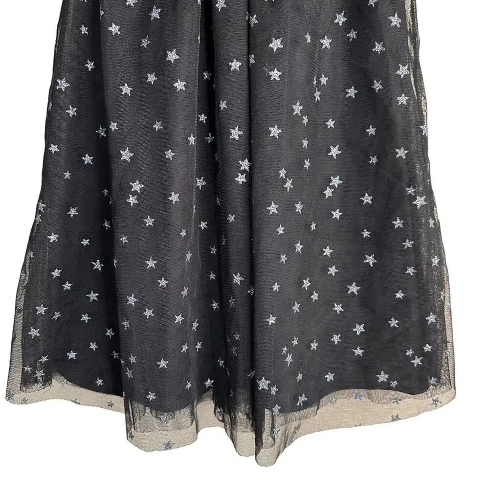H&M Tulle Midi Dress Silver Star Print Ruffle Shoulders A-Line Lined Black 3-4Y